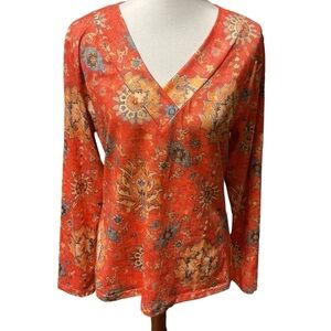 Exclusive Boho Print V Neck Long Sleeve Stretch Top